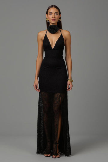 Black Sheath V Neck Long Formal Dress with Lace
